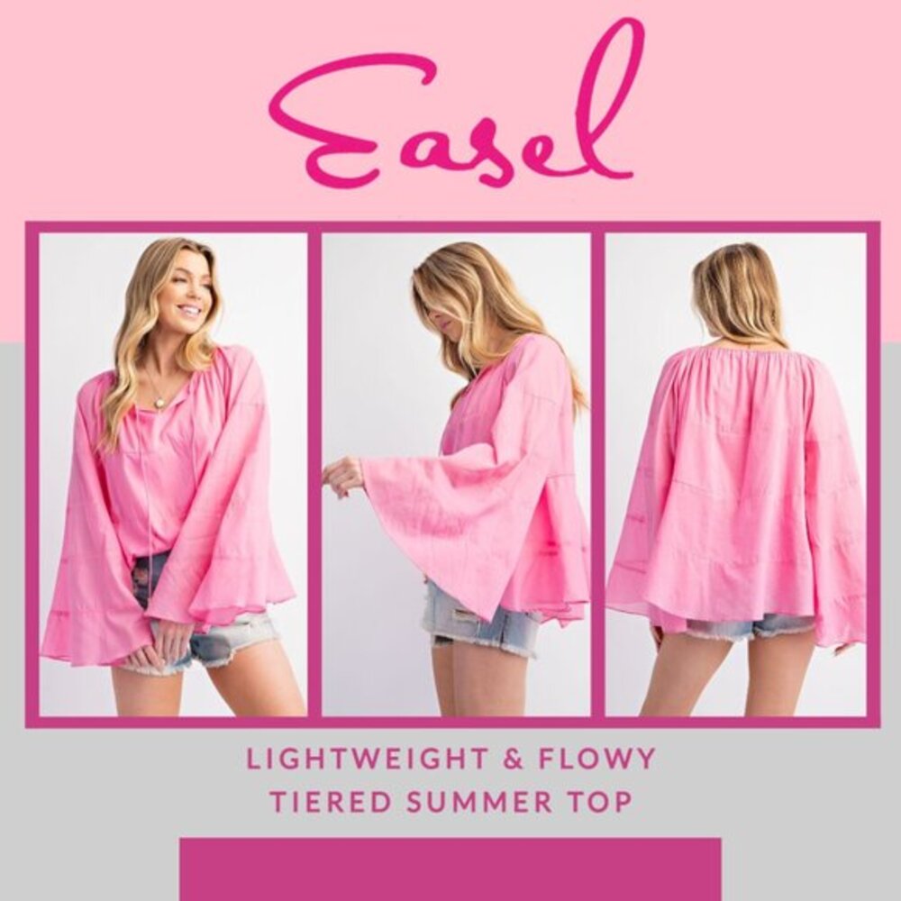 EASEL Lightweight & Flowy Cotton Lined Top Bell Sleeves Keyhole Neck Beaded Ties